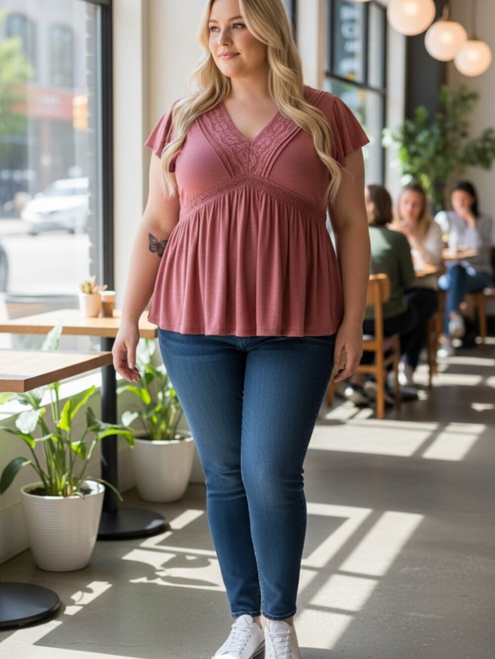 Torrid Knit V-Neck Lace Inset Babydoll Top Stretch Mauve Pink Plus Size 2X